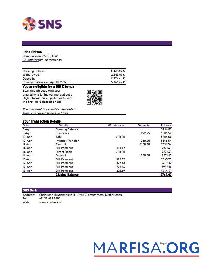 Downloadable Netherlands SNS bank statement excel example